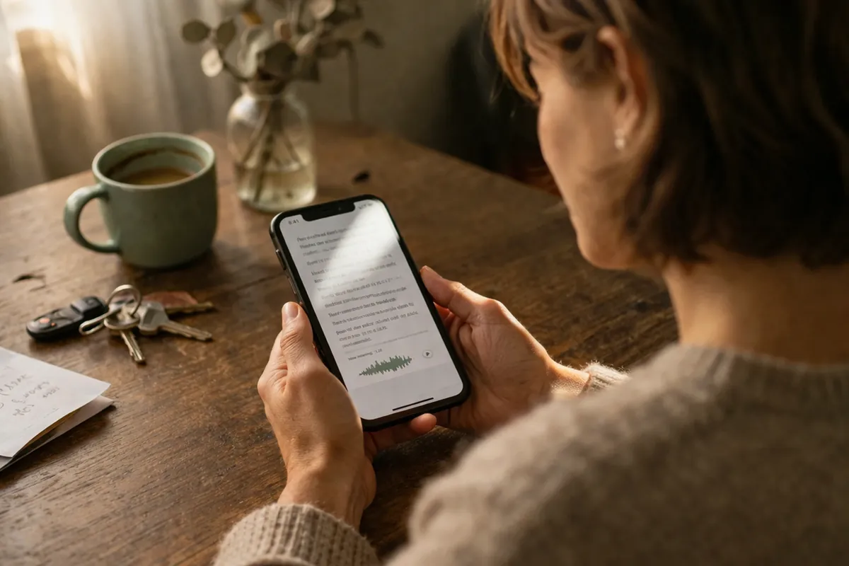 A woman reading the digital memory collection on her phone at a warm dining table with tea and dried eucalyptus